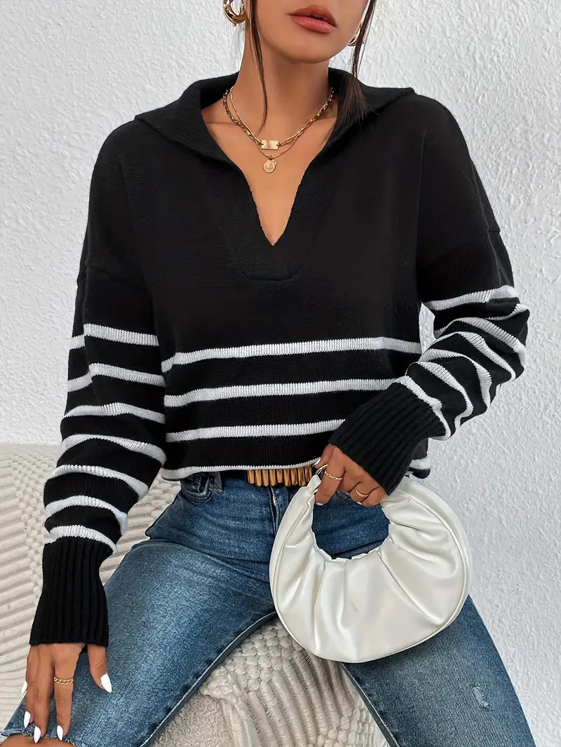 Striped Notched Collar Pullover Sweater Casual Long Sleeve - Temu | Temu Affiliate Program