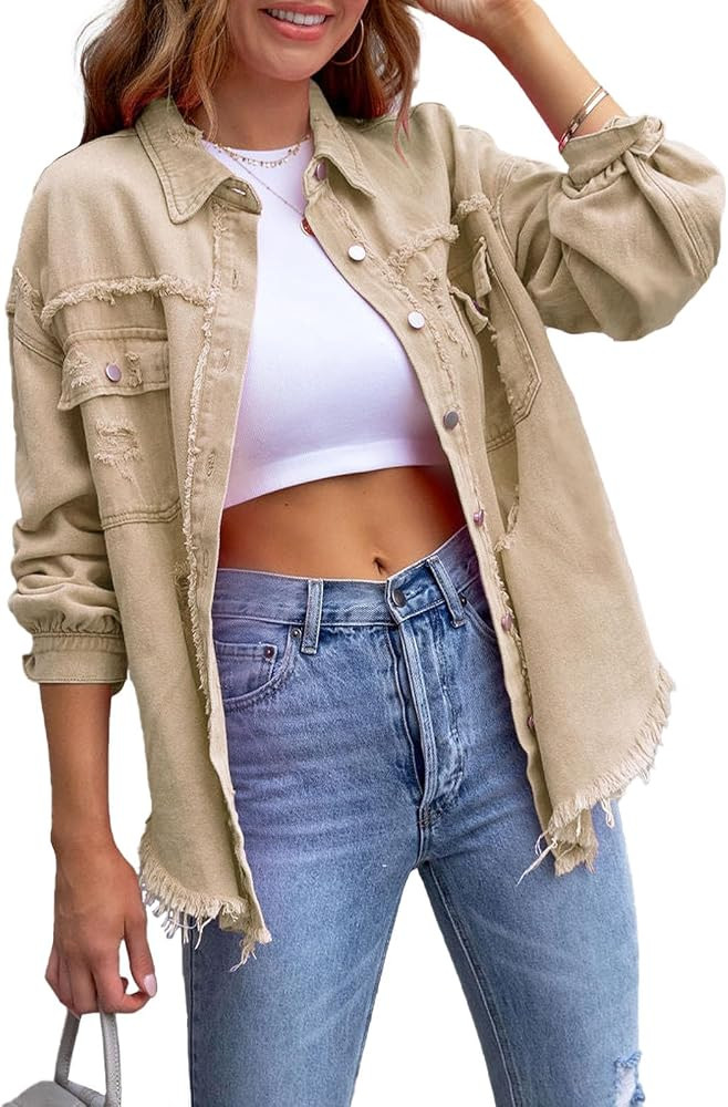 Women's Denim Jackets Casual Ripped Lightweight Long Sleeve Button Jacket With Pocket | Amazon (US)