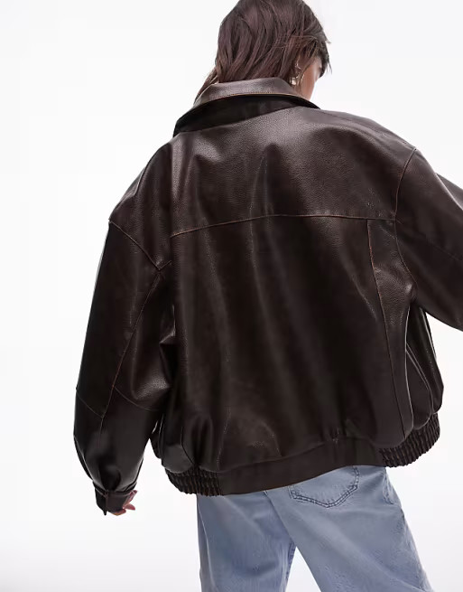 Topshop faux leather oversized bomber jacket in brown | ASOS (Global)