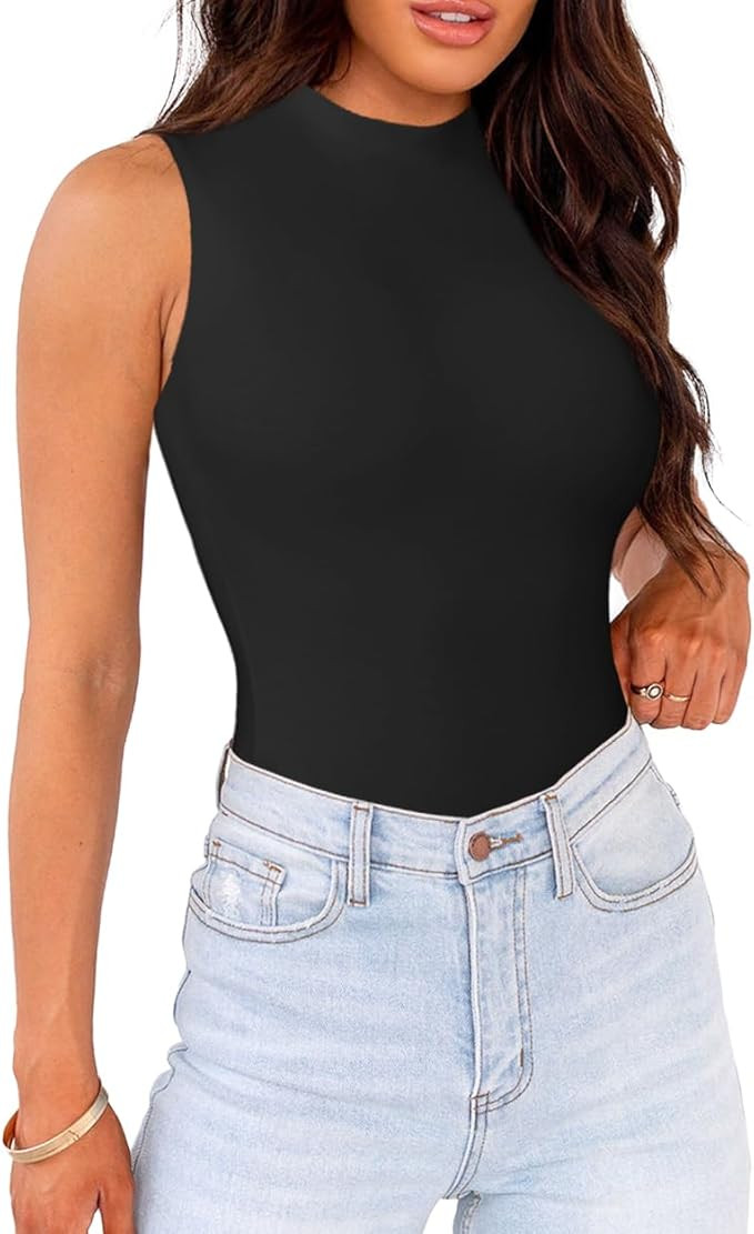 WAYMAKER Mock Neck Bodysuits for Women Sleeveless Basic Tank Top Body Suit Shirts | Amazon (US)