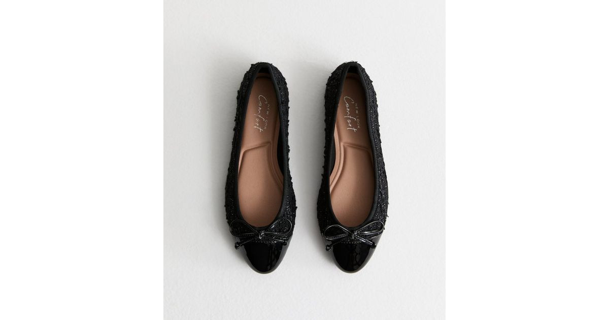 Black Bouclé Patent Toe Ballerina Pumps | New Look | New Look (UK)