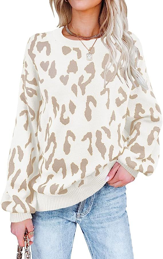MEROKEETY Women's Crew Neck Leopard Print Balloon Sleeve Knitted Pullover Sweater Tops | Amazon (US)