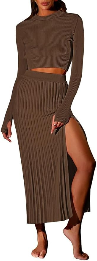 Pink Queen Women's 2 Piece Sweater Outfits Set Long Sleeve Crop Top Ribbed Split Bodycon Midi Lon... | Amazon (US)