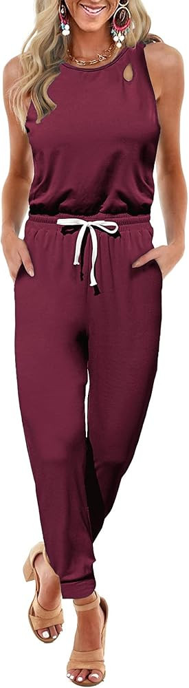 KIRUNDO Women’s Summer Cutout Solid Sleeveless Jumpsuit Crewneck Drawstring Elasitic Waist Long Romp | Amazon (US)