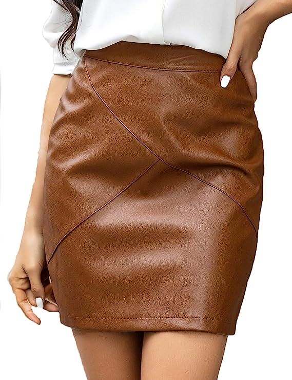 Zeagoo Women Faux Leather Bodycon Basic Versatile High Waisted Pencil Skirt Brown XXL at Amazon W... | Amazon (US)