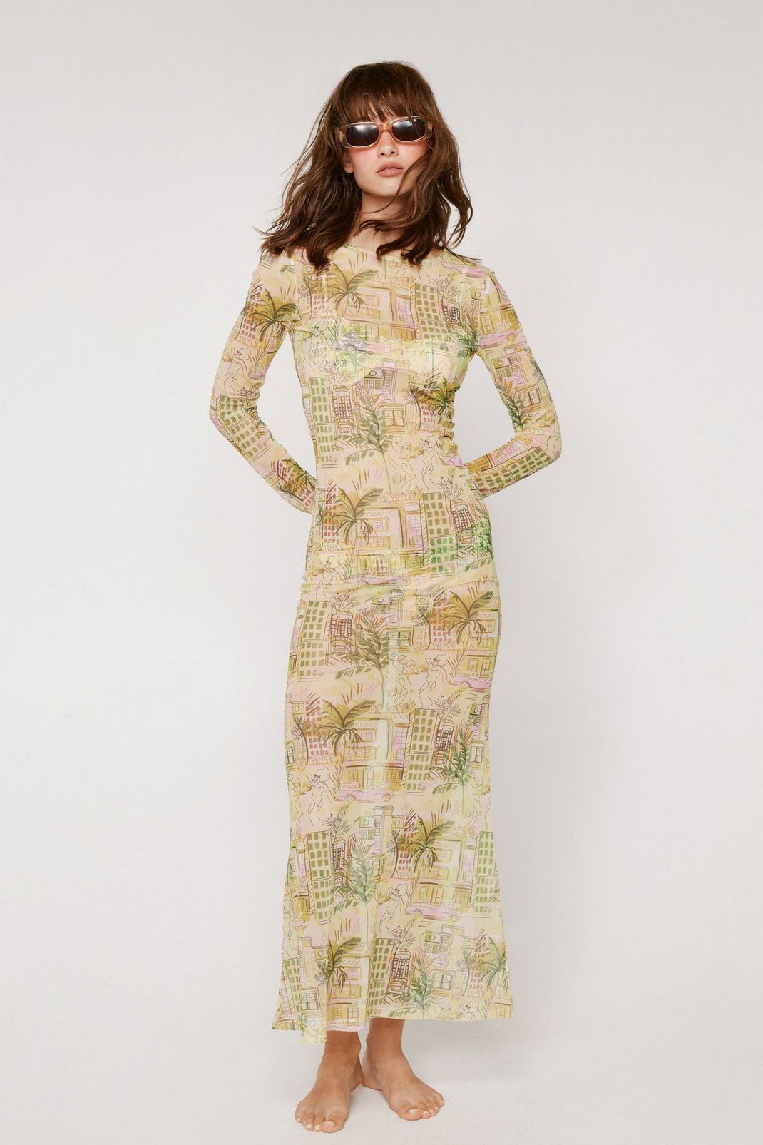 Landscape Print Mesh Long Sleeve Maxi Dress | Nasty Gal (US)