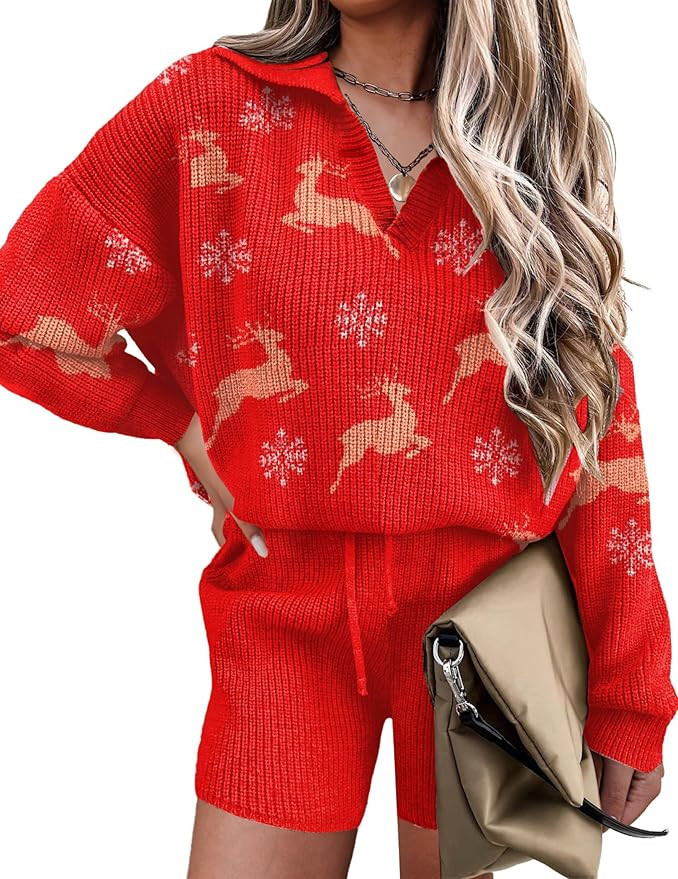 Ekoauer Women's 2 Piece Outfits Long Sleeve Knit Top and Short Pajama Sets Oversized Sweatsuit Sw... | Amazon (US)