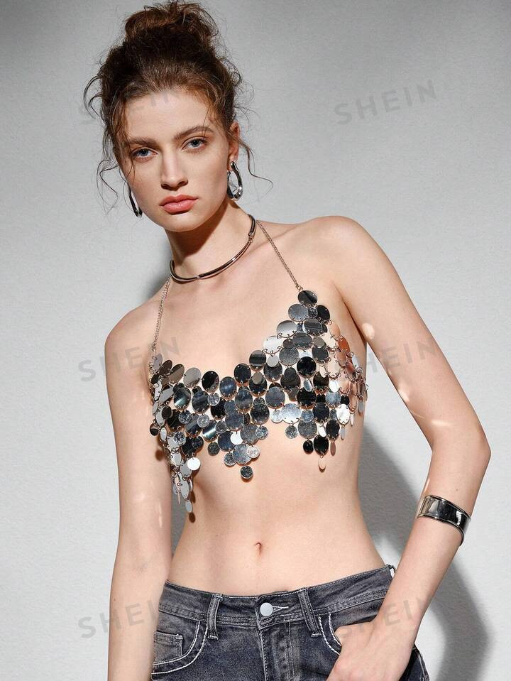 SHEIN BAE Sequin Decor Halter Top | SHEIN