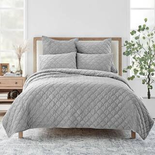 LEVTEX HOME Light Grey Velvet 3-Piece Light Grey Class Diamond Quilting Microfiber King/Cal King Qui | The Home Depot