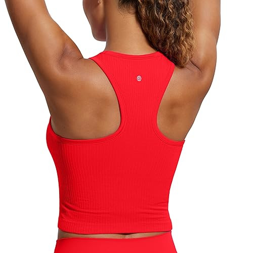CRZ YOGA Seamless Ribbed High Neck Crop Tank Tops for Women - Longline Racerback Padded Sports Bras Deep Red Medium | Amazon (US)