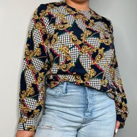 Chain Scarf Print Blouse | Houndstooth Top Vintage 80S 90S Baroque Shirt Medium Large M/L | Etsy (US)