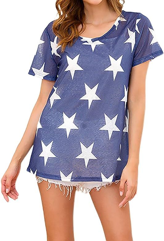 Cindaisy Sheer Mesh Star T-Shirt Hollow Out Short Sleeve Blouse Tank Crop Top Casual Crew Neck T-... | Amazon (US)