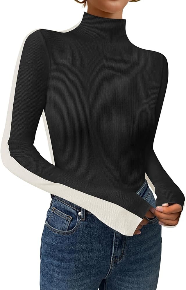 ZESICA Women's Fall Mock Neck Sweaters 2024 Long Sleeve Color Block Ribbed Knit Shirts Basic Slim... | Amazon (US)