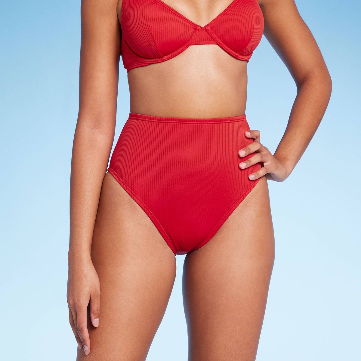 Women's High Waist High Leg Ribbed Medium Coverage Bikini Bottom - Shade & Shore™ Red M | Target