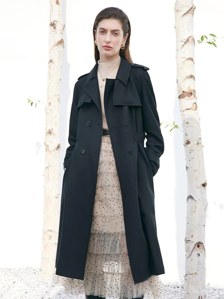 Worsted Woolen Gathered Waist Women Trench Coat - Black / M | GOELIA