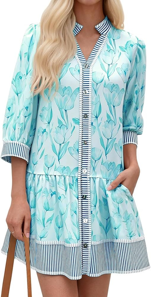 Wenrine Women's Floral Boho Mini Dress 3/4 Long Sleeve V Neck Casual Button Down Shirt Dresses | Amazon (US)