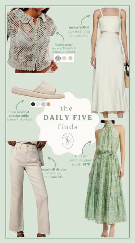 6/10 Daily 5 Finds! 🤍 so many great pieces for summer! Jeans to transition into fall, wedding guest dress, honeymoon dress, easy tops, sandals, & more! 

#LTKFindsUnder100 #LTKFindsUnder50 #LTKWedding