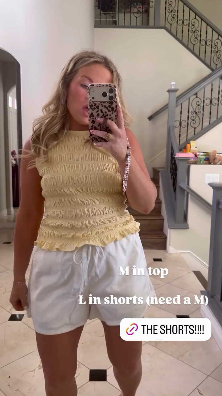 Love this butter yellow smocked top and these comfy shorts!  M in top

L in shorts (need a M)