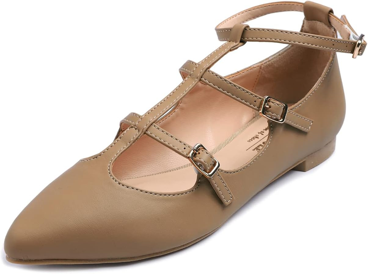 FEVERSOLE Women's Pointed Mary Jane Shoes Fashion Strap Buckle Slip On Flats | Amazon (US)