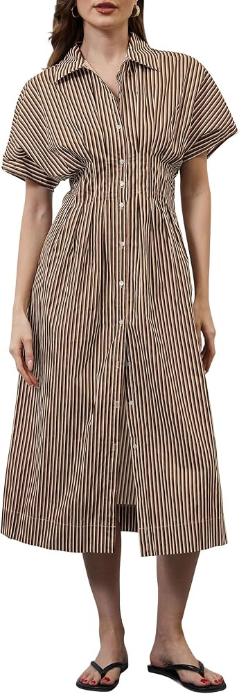 MSBESYOR Women Button Front Pleated Shirt Maxi Dress Summer Striped Dresses | Amazon (US)