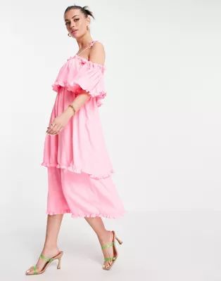 River Island ruffle tiered maxi slip dress in pink | ASOS (Global)