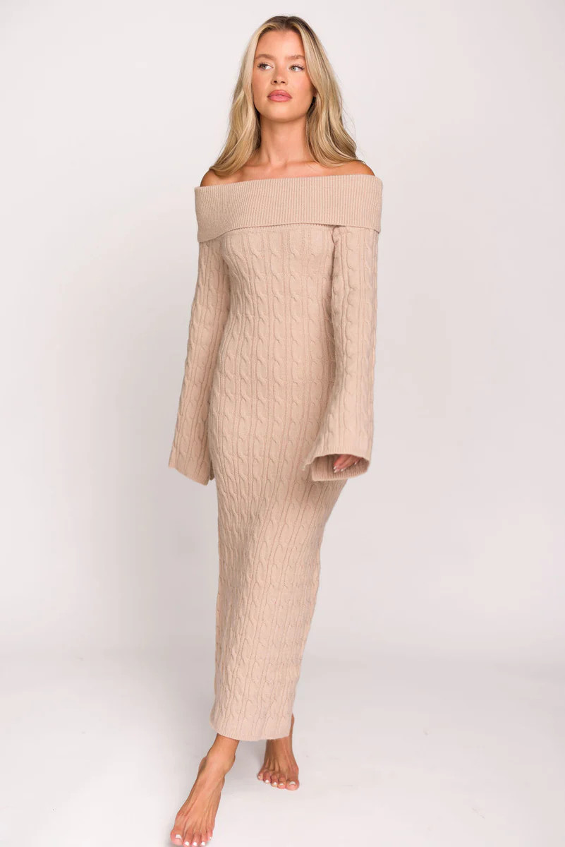Carley Off-the-Shoulder Cable Knit Maxi Dress in Oatmeal | Worth Collective