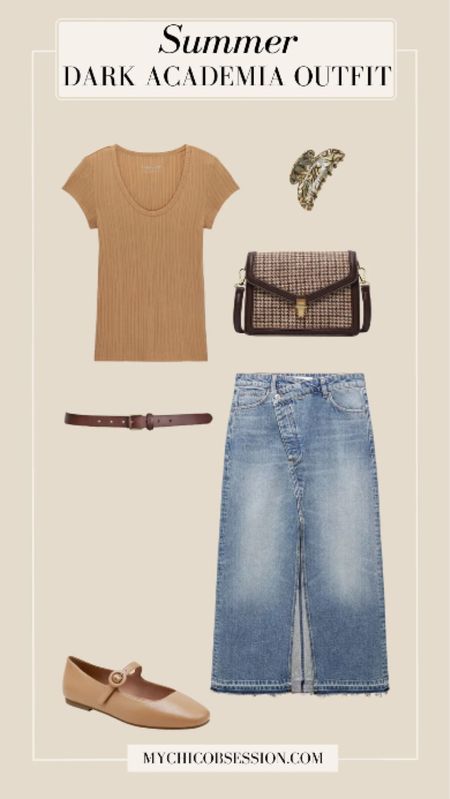 Start this look with this soft, lightweight knit tee, featuring a scoop neck detail and some subtle texture. On the bottom, pair your t-shirt with this asymmetrical denim skirt. A plaid crossbody bag, skinny belt and claw clip complete the look.

#LTKstyletip #LTKSeasonal