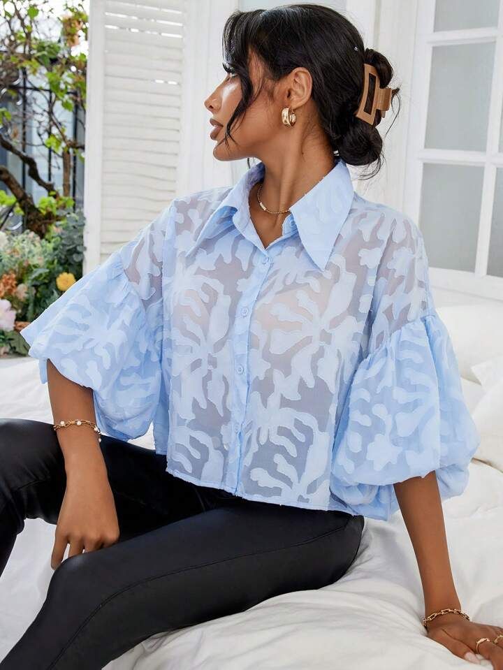SHEIN Privé Jacquard Puff Sleeve Button Front Shirt | SHEIN