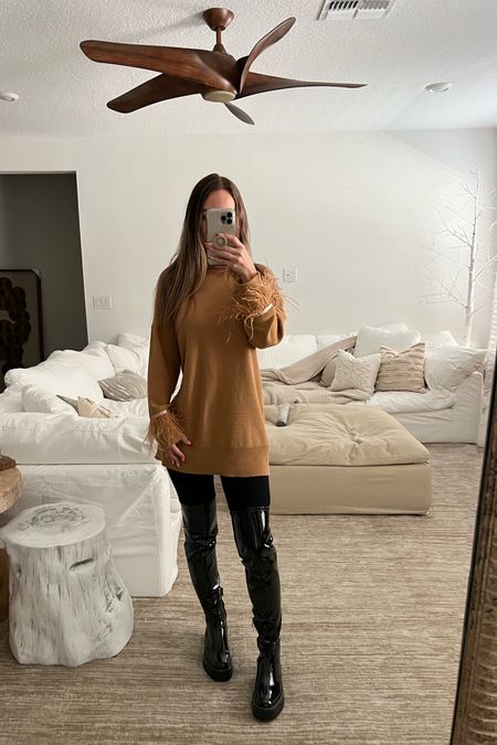My outfit is currently on sale! 

Sweater dress, long sweater, neutral sweater, winter outfit, winter fashion, thigh high shiny boots, black boots, cozy outfit, feather sweater, feather fashion, RH cloud, neutral rug, organic modern, white sofa, white side table 

#LTKstyletip #LTKsalealert