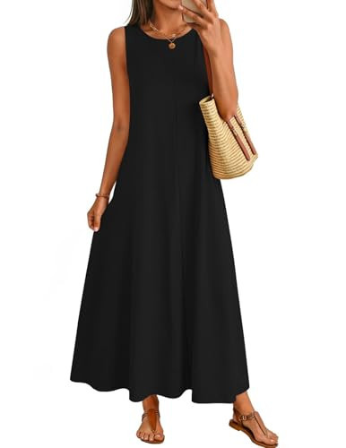 MEROKEETY Women's 2026 Summer Maxi Dress Sleeveless Crewneck Casual Loose Beach Vacation Basic Long Sundress,Black,Medium | Amazon (US)