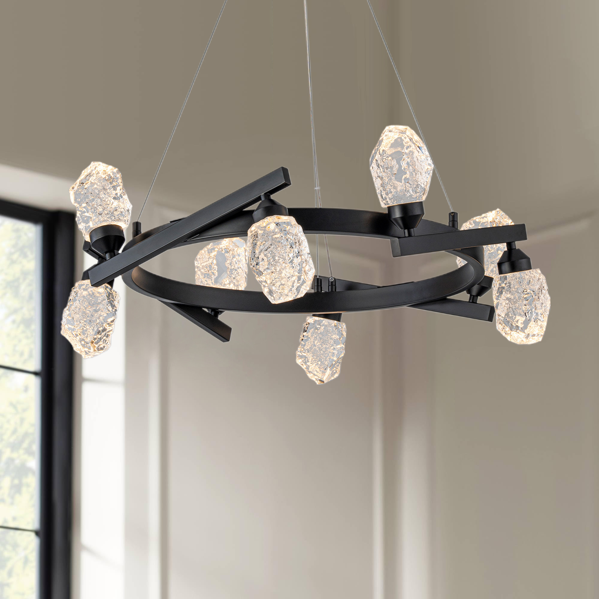 8-Light Black Crystal LED Chandelier with Ring Frame — Modern Stone-Textured Crystal Shades, Luxury Ceiling Fixture for Living Room, Dining Room | Homary
