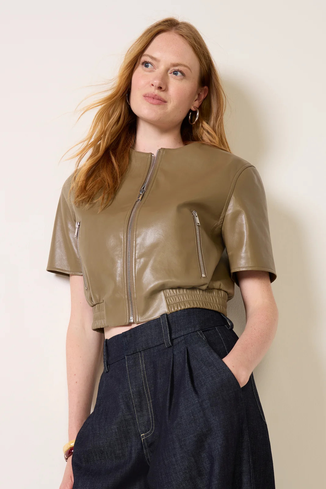 EVEREVE Women's Billie Leather Bomber Jacket, Size Large, Olive Green | Evereve