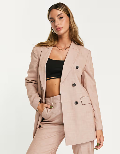 ASOS DESIGN double breasted crosshatch suit blazer in tan | ASOS | ASOS (Global)