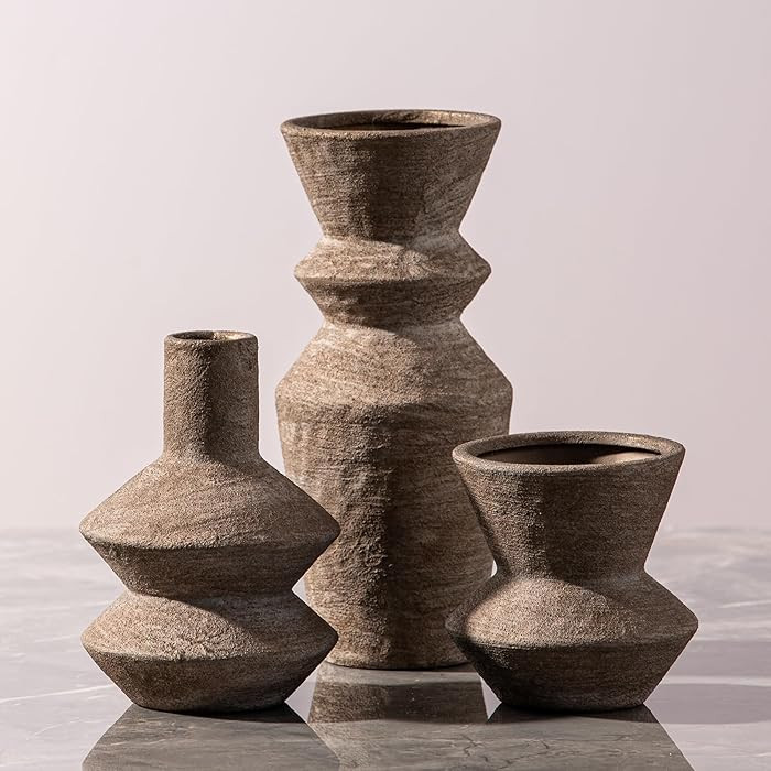 Ceramic Vase Home Table Decor - Brown Flower Vase Set of 3 Living Room Kitchen Decorations Farmho... | Amazon (US)