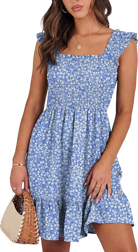 Caracilia Women Summer Casual Sleeveless Square Neck Sun Dress Smocked Ruffle Backless Boho Beach... | Amazon (US)