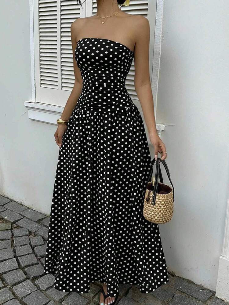 MainGRL Women's Black Polka Dot Strapless Maxi Dress Sleeveless A Line Flared Knitted Fabric Casu... | SHEIN