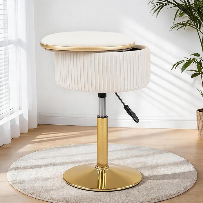 Adjustable Vanity Stool with Storage, 360\u00b0 Swivel Gold Chair, Velvet Small Round Ottoman Foo... | Amazon (US)