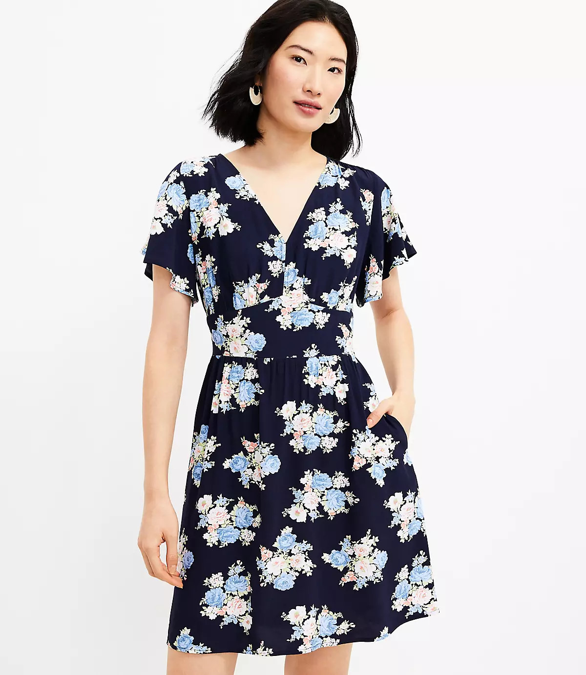 Floral Flutter Sleeve V-Neck Dress | LOFT