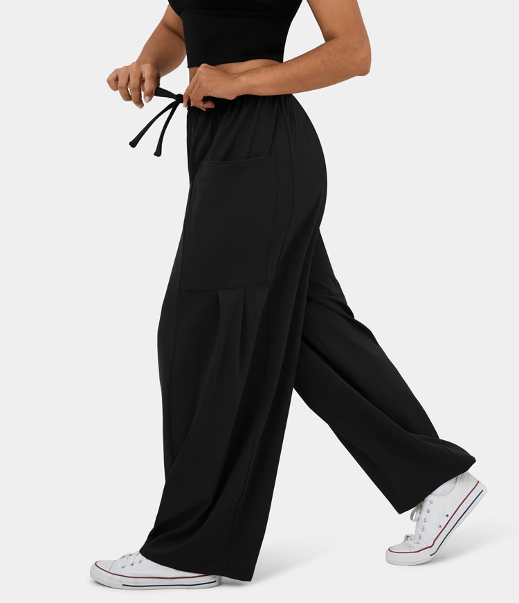 Women’s Mid Rise Elastic Waistband Drawstring Side Pocket Palazzo Flowy Wide Leg Casual Pants -... | HALARA