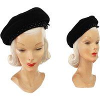 Reserved | 1960S Black Velvet Studded Beret - Vintage 60S Hat | Etsy (US)