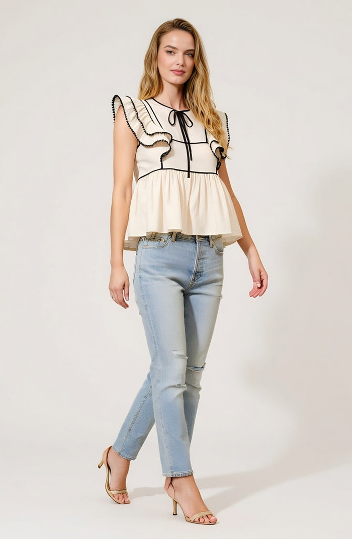 Modenaire Ruffle Sleeve Peplum Top with Contrast Trim and Front Tie | Nordstrom | Nordstrom