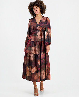 Women's V-Neck Long-Sleeve Tiered Maxi Dress | Macy's