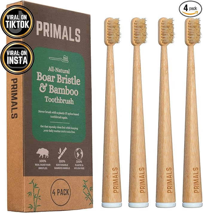 PRIMALS Boar Bristle & Bamboo Toothbrush (4-Pack) - Premium Boar Bristles - Fully Biodegradable -... | Amazon (US)