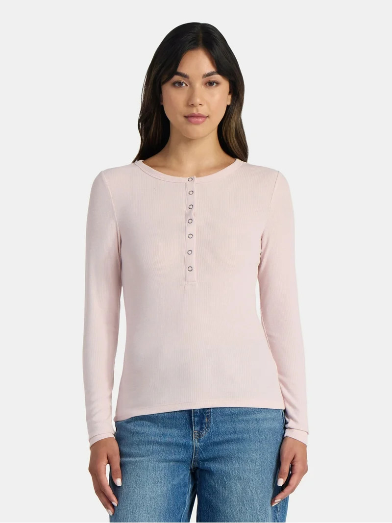 Time and Tru Women's Ribbed Henley Shirt with Long Sleeves, Sizes XS-XXXL | Walmart (US)