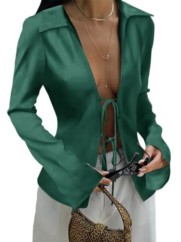 Cicy Bell Womens Sexy Tie Front Shirts Deep V Neck Silk Club Tops Long Sleeve Y2k Going Out Blouse Dark Green | Amazon (US)