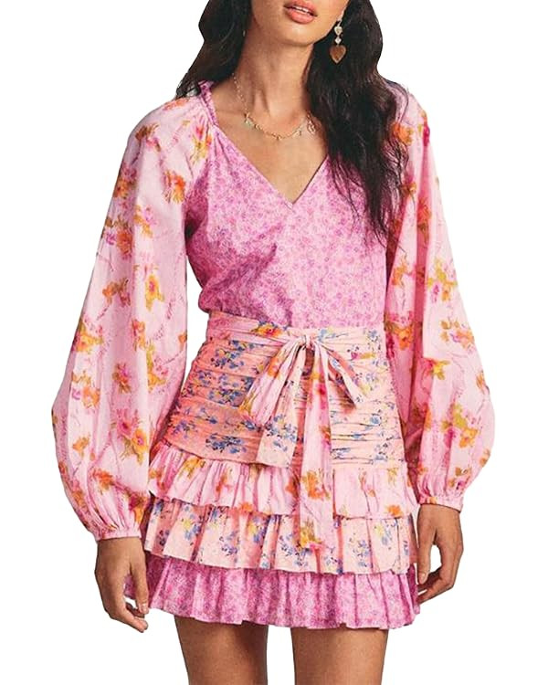 Womens Boho Long Sleeve Short Dress Puff Long Sleeve V Neck Layered Hem Ruffle Dress Floral Cockt... | Amazon (US)