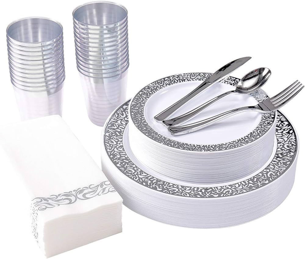 175 Piece Silver Dinnerware Set 25 Guest-50 Silver Lace Plastic Plates-25 Silver Plastic Silverwa... | Amazon (US)