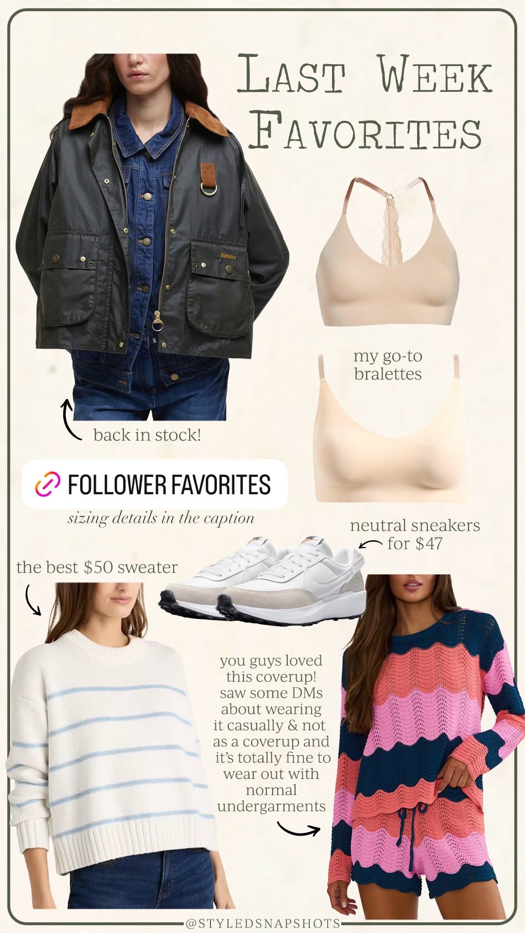 Last week follower favorites 
•I needed a US4 in jacket, tts 
•small bralettes, tts 
•go with your usual Nike size in sneakers 
•I size up 1 to a medium in sweater 
•small top In coverup, tts & I sized up 1 to a medium in shorts (I’m usually a small/2/26 in bottoms

#LTKSaleAlert