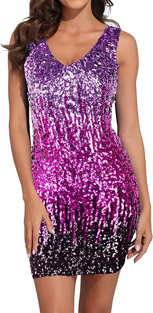 PrettyGuide Women's Sexy Deep V Neck Sequin Glitter Bodycon Stretchy Mini Party Dress | Amazon (US)