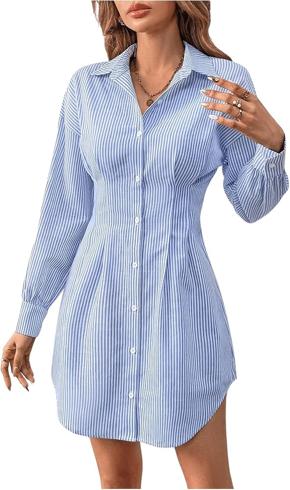 GORGLITTER Women's Striped Button Down Mini T Shirt Dress Long Sleeve Flare Bodycon Dresses | Amazon (US)